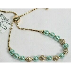 Charter Club Pave Imitation Pearl Slider Bracelet Aqua Gold Tone Adjustable NEW